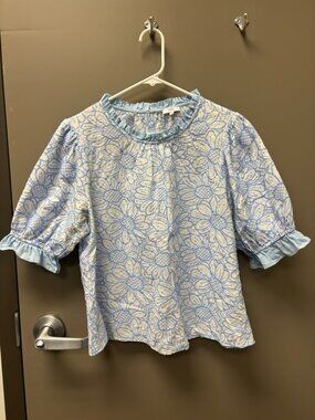 Blue and white brocade shirt by Voy, large